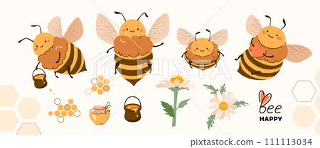 Bee honey set vector illustration. Cute cartoon bee character isolated on white background. Fun and happy smiling insect holding honey, heart. Positive flat cartoon modern design for organic sweets 111113034