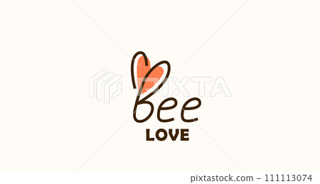 Bee love funny quote with heart shape in wings. Vector illustration. Positive logo, label isolated on white background. Bumble icon graphic design 111113074