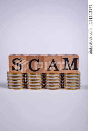 The inscription Scam made of wooden cubes on a plain background 111113171