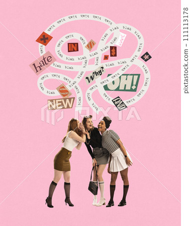 Three young women laughing together with speech bubbles containing words and symbols above. Spreading secrets, rumors. Contemporary art collage. 111113178