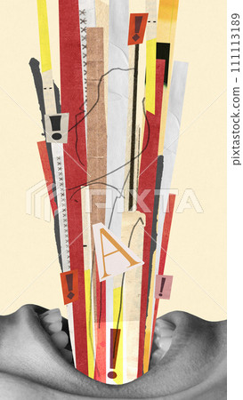 Human mouth shouting with abstract paper strips and exclamation marks over beige background. Contemporary art collage. Human mouth shouting with abstract paper strips and exclamation marks over beige background. Contemporary art collage. 111113189