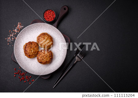 Delicious fresh fried minced fish cutlets with spices and herbs Delicious fresh fried minced fish cutlets with spices and herbs 111113204