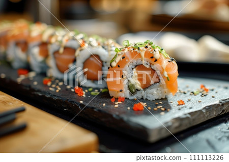 delicious sushi platter with vibrant bokeh lights, Generative AI 111113226