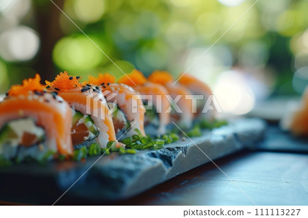 delicious sushi platter with vibrant bokeh lights, Generative AI 111113227