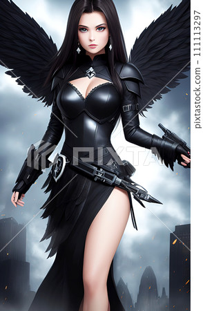 illustration of a dark angel with black wings and weapons, AI generation 111113297