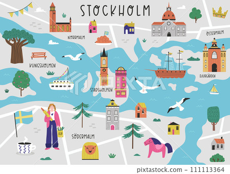 Vector stylized illustrated city map of Stockholm with famous landmarks, places and symbols 111113364