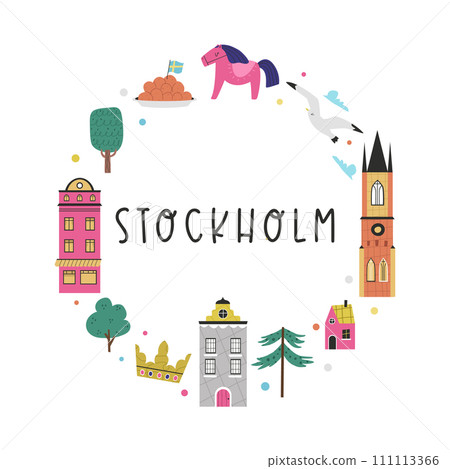Colorful image, frame art, circle design with animals, landmarks, symbols of Stockholm city, Sweden 111113366