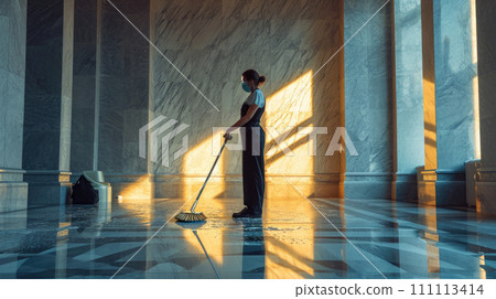 Janitor Mopping in Sunlit Marble Hall 111113414