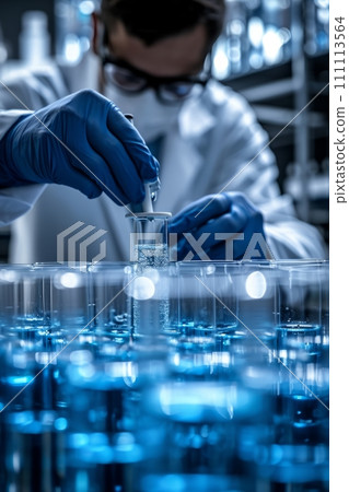 AI-generated content. Close-up of male scientist in protective rubber gloves handling test tubes in scientific chemical laboratory. Development and production of innovative vaccines to treat pandemics AI-generated content. Close-up of male scientist in protective rubber gloves handling test tubes in scientific chemical laboratory. Development and production of innovative vaccines to treat pandemics 111113564