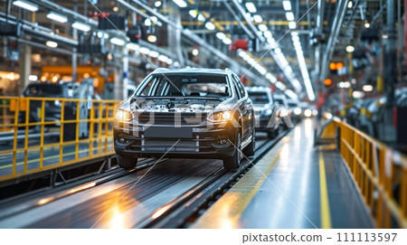 AI-generated content. Conveyor for the final assembly of cars at a modern high-tech car plant. After a comprehensive check, finished cars are sent to dealerships. 111113597