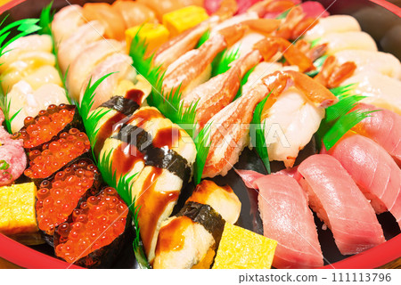 【國產】螃蟹、蝦子、鮪魚、海鰻、扇貝、鮭魚子拼盤壽司捲。 【國產】螃蟹、蝦子、鮪魚、海鰻、扇貝、鮭魚子拼盤壽司捲。 111113796