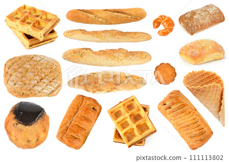 Different types of bread and sweet confectionery isolated on white Different types of bread and sweet confectionery isolated on white 111113802