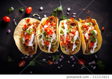 Top view of mexican pork carnitas tacos with greens, sour cream and tomato on the wooden table 111113821
