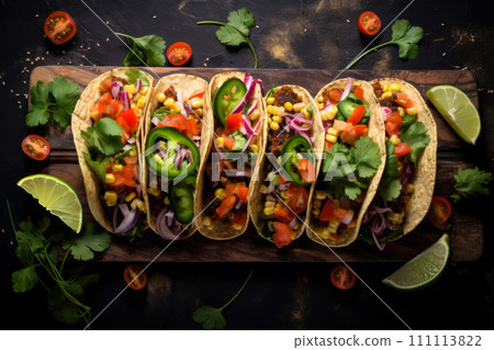 Top view of vegan tacos with vegetables on the wooden board 111113822