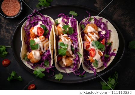 Top view of Bang Bang shrimp Tacos with purple coleslaw, tomato and sauce on the black plate 111113823