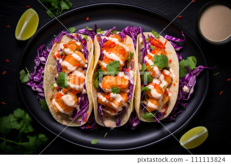 Top view of Bang Bang shrimp Tacos with purple coleslaw, tomato and sauce on the black plate Top view of Bang Bang shrimp Tacos with purple coleslaw, tomato and sauce on the black plate 111113824