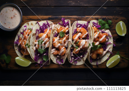 Top view of Bang Bang shrimp Tacos with purple coleslaw, tomato and sauce on the wooden board Top view of Bang Bang shrimp Tacos with purple coleslaw, tomato and sauce on the wooden board 111113825