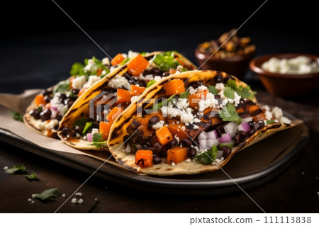 An artfully composed shot of a street taco with vegetable and cheese filling on the black plate An artfully composed shot of a street taco with vegetable and cheese filling on the black plate 111113838