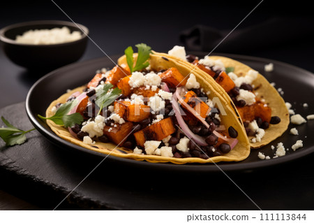An artfully composed shot of a street taco with vegetable and cheese filling on the black plate 111113844