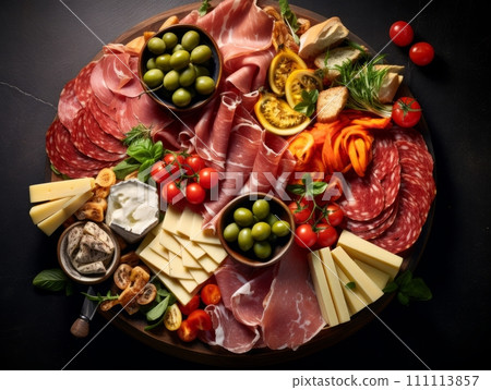 Charcuterie board on black background. Italian antipasti or Spanish tapas, top view 111113857