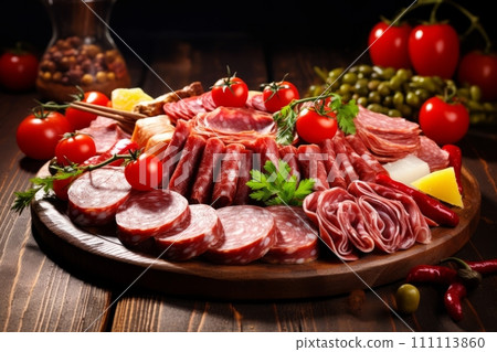Charcuterie board on black background. Cheese, Prosciutto di parma ham and salami 111113860