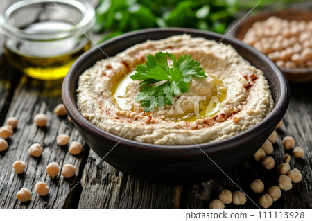 Traditional hummus from chickpea beans with oil in a bowl on black wooden background Traditional hummus from chickpea beans with oil in a bowl on black wooden background 111113928