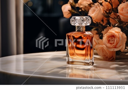Bottle of luxury essence perfume on the marble table in sunlight. Modern style perfumery template 111113931