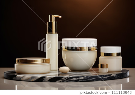 Set of glass jars, tubes and bottles of luxury cosmetics on the table. Mockup for design 111113943