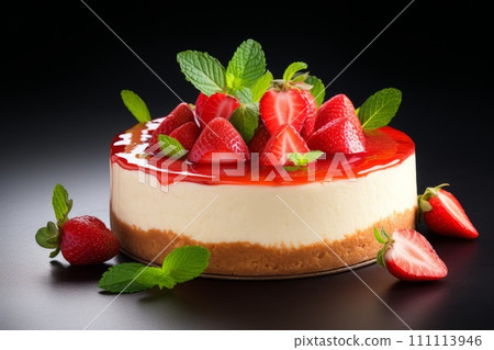 A whole cheesecake with a heap of strawberries, jam and mint leaves on the black table 111113946