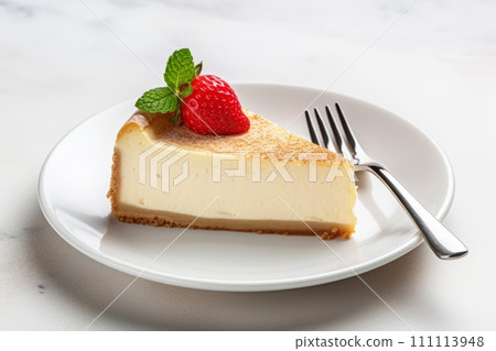 A slice of classic New York style cheesecake with strawberry and mint on top, on the white plate A slice of classic New York style cheesecake with strawberry and mint on top, on the white plate 111113948
