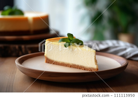 A slice of classic plain New York style cheesecake with mint leaf on the white plate A slice of classic plain New York style cheesecake with mint leaf on the white plate 111113950