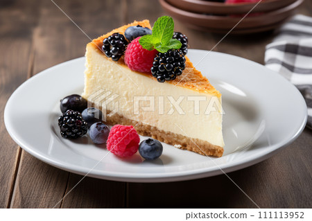 A slice of classic New York style cheesecake with berries and mint on top, on the white plate 111113952