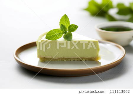 A slice of cheesecake with japanese matcha green tea on the white plate 111113962