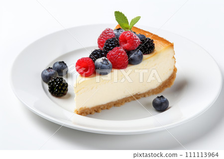 A slice of classic New York style cheesecake with berries and mint on top, on the white plate A slice of classic New York style cheesecake with berries and mint on top, on the white plate 111113964