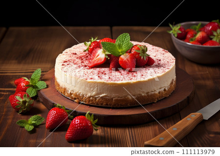 A whole cheesecake with strawberries, jam and mint leaves on the wooden board on the table 111113979