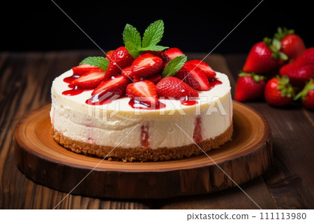A whole cheesecake with strawberries, jam and mint leaves on the wooden board on the table A whole cheesecake with strawberries, jam and mint leaves on the wooden board on the table 111113980