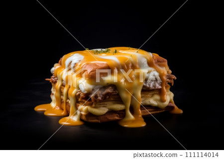 Traditional Portuguese Francesinha sandwich, originally from Porto, on the black background Traditional Portuguese Francesinha sandwich, originally from Porto, on the black background 111114014