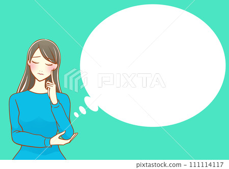 黑髮女子用食指放在臉頰上思考氣球(藍色 x 淡黃色) 黑髮女子用食指放在臉頰上思考氣球(藍色 x 淡黃色) 111114117