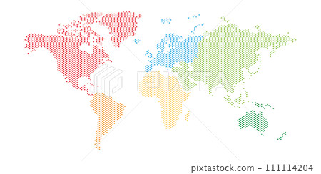 World map of squares with different color of each continent. Halftone design. Simple flat vector illustration. World map of squares with different color of each continent. Halftone design. Simple flat vector illustration. 111114204