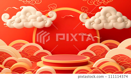 Podium or stage for product demonstration Chinese new year on red background 111114374