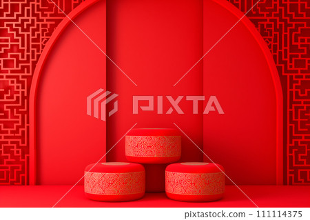 Podium or stage for product demonstration Chinese new year on red background 111114375