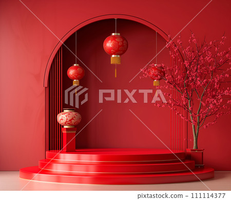 Podium or stage for product demonstration Chinese new year on red background 111114377