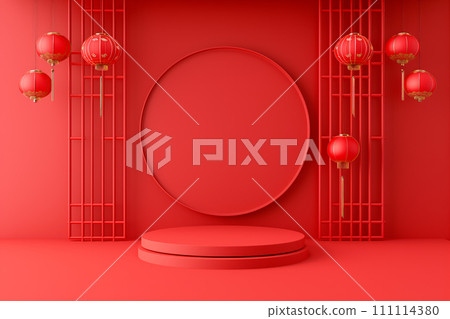 Podium or stage for product demonstration Chinese new year on red background 111114380