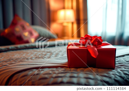 Red gift box with gold ribbon on bed decoration in hotel bedroom interior 111114384