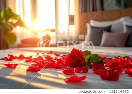 Red rose petals on bed in hotel bedroom, Valentine's day concept 111114385