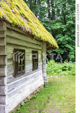 Wooden ethnic house with thatched roof. Halych Ethnography museum, Ukraine. 111114705