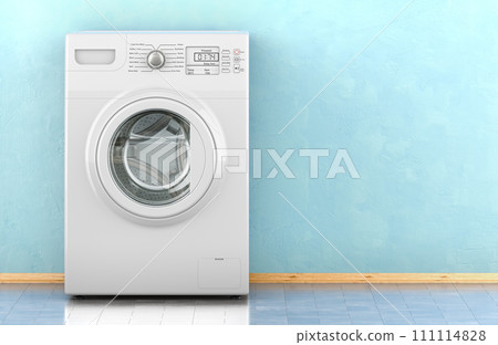 Washing machine in room near the wall, front view. 3D rendering Washing machine in room near the wall, front view. 3D rendering 111114828