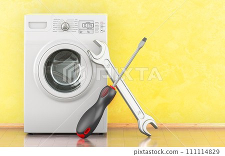 Washing machine with screwdriver and wrench in interior. Repair and service of washing machine concept. 3D rendering Washing machine with screwdriver and wrench in interior. Repair and service of washing machine concept. 3D rendering 111114829