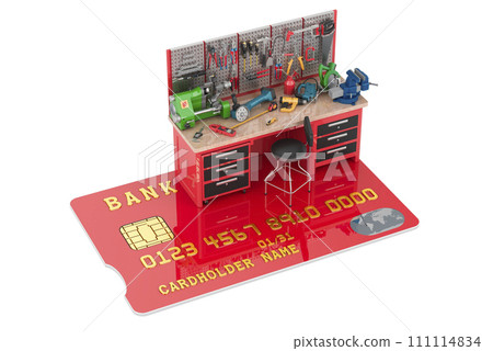 Maintenance Work Table full of construction tools with credit card, 3D rendering Maintenance Work Table full of construction tools with credit card, 3D rendering 111114834