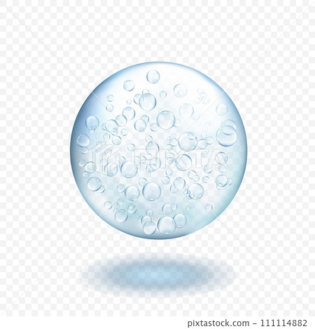 Blue serum droplet. Realistic vector gel with bubbles isolated on transparent background. 111114882